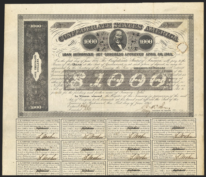 Act of April 30, 1863. $1000. Cr. 138, B-280. No. 7175. As previous. Signed by Jones. Small 2 inside frame border. 19 coupons below. Large ink erosion hole repaired with paper
at right, matched with unrepaired hole in coupon, fold wear, abo