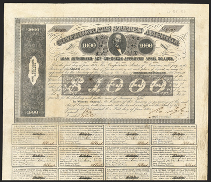 Act of April 30, 1863. $1000. Cr. 138, B-280. No. 8187. As previous. Small 54 in lower right corner, inside border. Coupons complete (20). Imprint Frame. Edge wear along
right, fold wear, foxed, uneven toning, a strong Fine. Fro