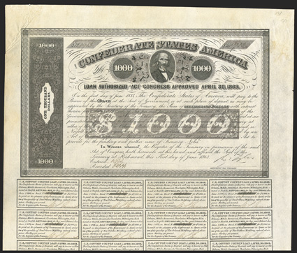Act of April 30, 1863. $1000. Cr. 138, B-280. No. 1913. As previous. Signed by Tyler. 19 coupons below. Light foxing, edge wear, a strong VF. From The Holger Dreher
Collection