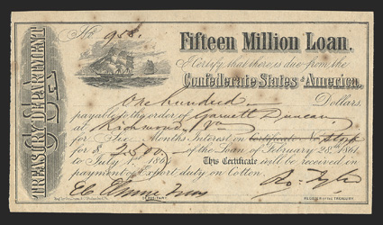 Act of February 11, 1864. $100. Cr. 139, B-284. No. 958. Sailing ship at left center, C.S.A. Treasury Department across left end. Signed by Tyler. Foxed, VF. From The Holger
Dreher Collection