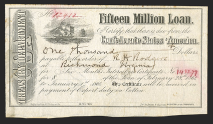 Act of February 11, 1864. $1000. Cr. 140, B-285. No. 12412. As previous, except interest from February 28, 1861 to January 1, 1865. On white paper. Red serial numbers.
Unsigned. Watermarked paper CSA in block letters with wavy border line. Li