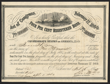 Act of February 17, 1864. $100. Cr. 141, B-286. No. 2365. Confederate ironclad Virginia sinking the Federal sloop Cumberland. No series. Signed by Tyler. Light toning, bit of
ink erosion, but about VF+.