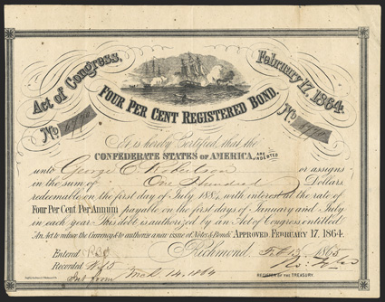 Act of February 17, 1864. $100. Cr. 141, B-286. No. 6770. CSS Virginia sinking USS Cumberland, March 8, 1862. Signed by Tyler. Geo. Dunn. Uneven toning, foxed, small piece out
at lower left, trimmed to border left, a good Fine.