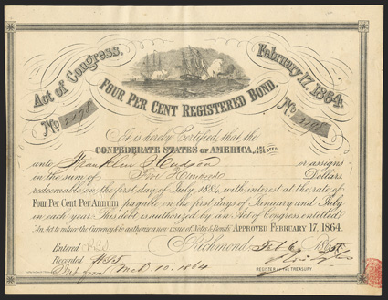 Act of February 17, 1864. $500. Cr. 141A, B-288. No. 2198. As previous. Signed by Tyler. Toned, left edge trimmed to border, light foxing, VF.   From The Holger Dreher
Collection