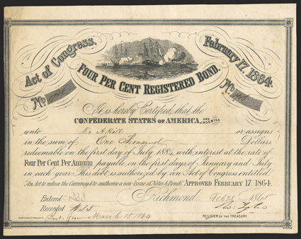 Act of February 17, 1864. $1000. Cr. 141B, B-290. No. 1906. As previous. Signed by Tyler. Foxed, left edge trimmed into border, soiling, about VF. From The Holger Dreher
Collection