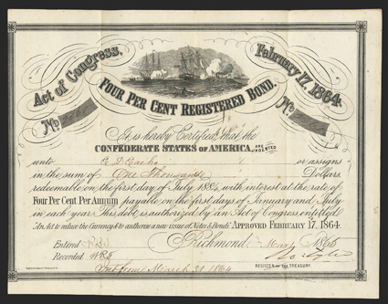 Act of February 17, 1864. $1000. Cr. 141B, B-290. No. 2060. Similar to previous. Signed by Tyler. Fold wear, foxing, VF.