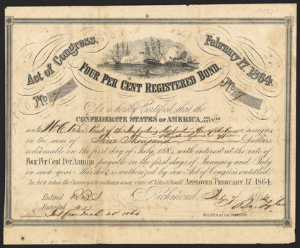 Act of February 17, 1864. $3000. Cr. 141C, B-292. No. 7. As previous. Issued to William Bee, of the Importing  Exporting Co. of South Carolina. Foxed, left edge trimmed to
border, fold and edge wear, toning, a very good Fine. From Th
