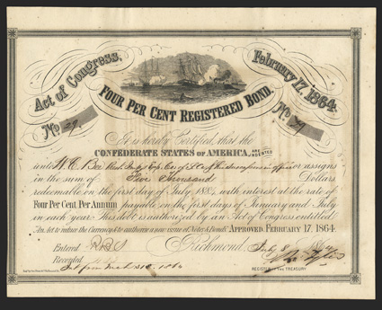 Act of February 17, 1864. $5000. Cr. 141D, B-294. No. 29. No series. Similar vignette to previous. Signed by Tyler. Issued to William E. Bee, President of the Importing &
Exporting Co. of South Carolina, a blockade runner. Toned, with some sh