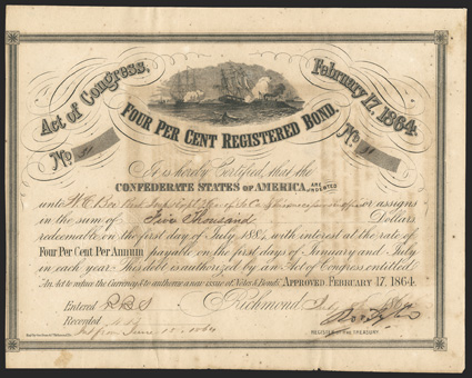 Act of February 17, 1864. $5000. Cr. 141D, B-294. No. 31. As previous, issued to William E. Bee. Signed by Tyler. Left end trimmed to border, odd offsetting from another bond,
foxed, a good Fine. From The Holger Dreher Collection