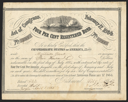 Act of February 17, 1864. $5000. Cr. 141D, B-294. No. 728. As previous. Signed by Tyler. Edge wear, dampstaining at bottom, soiled, left edge irregular, trimmed into border,
good Fine. From The Holger Dreher Collection