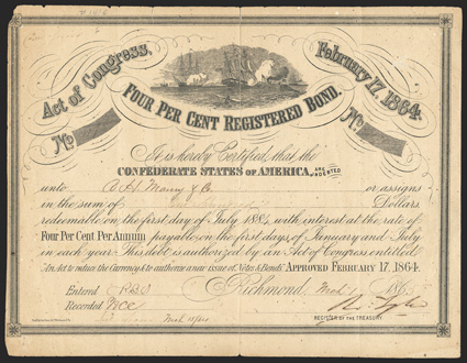 Act of February 17, 1864. $100. Cr. 141E, B-287. No. 1190. As previous, except 2nd Series written at upper left. Signed by Tyler. Upper left corner chipped, partial fold split
repaired on verso with paper, well toned, foxed, presents very w