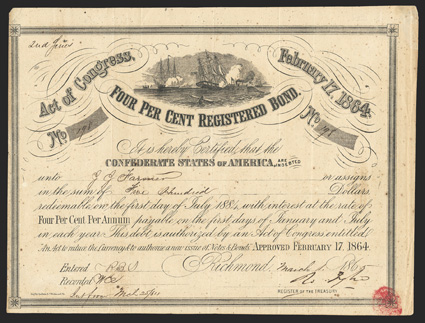 Act of February 17, 1864. $500. Cr. 141F, B-289. No. 198. As previous. Signed by Tyler. Well foxed, fold and edge wear, left corner trimmed to border, near top of grade Fine.
Only 256 of these were issued. From The Holger Dreher Colle