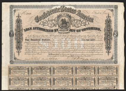 Act of February 17, 1864. $100. Cr. 142, B-296. No. 304. First Series. Confederate seal, center. Black over a pink to dark red tint plate. Signed by Rose. 59 coupons below. J.
Archer  Evans & Cogswell. Edge wear especially at right, toning a