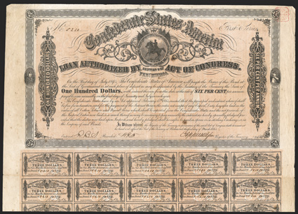 Act of February 17, 1864. $100. Cr. 142, B-299. No. 5210. First Series. As previous, except first coupon was January 1865. Signed by Apperson. 59 coupons below. Fold wear.
foxing, edge wear, about VF. From The Holger Dreher Collection