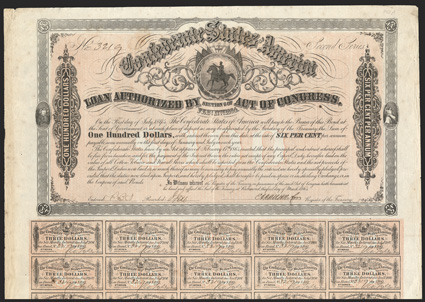 Act of February 17, 1864. $100. Cr. 142A, B-303. No. 3219. Second Series. As previous, except for Second Series. Signed by Apperson, though Ball only lists Rose. 59 coupons
below. Imprint 70. Edge wear including nicks, light foxing, V