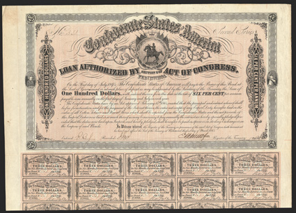 Act of February 17, 1864. $100. Cr. 142A, B-303. No. 321. Second Series. As previous. Signed by Apperson. 58 coupons below. Edge wear, folds, a good VF. From The Holger Dreher
Collection