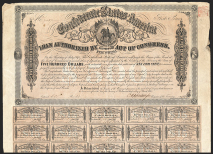 Act of February 17, 1864. $500. Cr. 143, B-304. No. 7037. First Series. As previous, except printed on thin paper. Signed by Apperson. 59 coupons below out of full compliment
of 61. Folds, notable edge wear especially at right, where there is