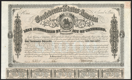 Act of February 17, 1864. $1000. Cr. 144A, B-324. No. 848. Second Series. As previous. Signed by Apperson. 60 coupons below. Edge wear, some minor stains, VF. From The Holger
Dreher Collection