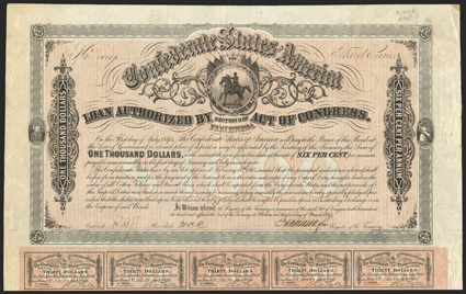 Act of February 17, 1864. $1000. Cr. 144B, B-325. No. 10109. Third Series. As previous. On thin paper. Signed by Apperson. Imprint 55. 59 coupons below. Edge wear and
staining, folds, about VF. From The Holger Dreher Collection