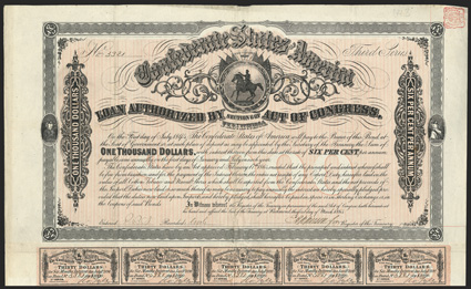 Act of February 17, 1864. $1000. Cr. 144B, B-325. No. 3321. As previous. On thick paper. Signed by Apperson. Imprint 68 and 71 left and right respectively. All coupons present
(60). Edge wear and soiling, folds, VF. From The H