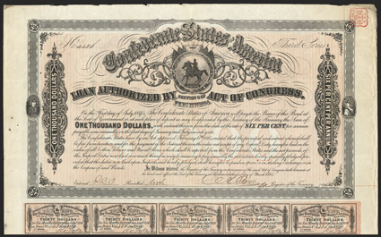 Act of February 17, 1864. $1000. Cr. 144B, B-325. No. 4486. Third Series. As previous. Rose signature unlisted in Ball. Imprint 68 at bottom left. 59 coupons below. Edge wear
and soiling, spots, VF. From The Holger Dreher Coll