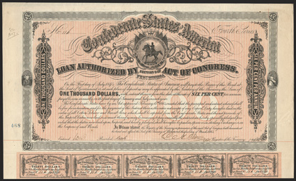 Act of February 17, 1864. $1000. Cr. 144C, B-327. No. 116. Fourth Series. As previous. Rose signature unlisted in Ball. Imprint 12 at bottom. Coupons complete (60). 468
stamped at left. Minor edge wear, folds, about VF+. F