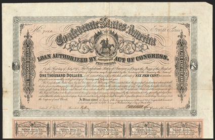 Act of February 17, 1864. $1000. Cr. 144C, B-327. No. 9112. As previous. Signed by Apperson. Imprint 63 NS 13. 58 coupons below. Fold wear, edge wear, foxing, VF. From The
Holger Dreher Collection