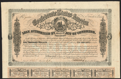 Act of February 17, 1864. $1000. Cr. 144C, B-327. No. 9163. Fourth Series. As previous. Signed by Apperson. Imprint 63 NS 13. Complete coupons (60). First coupon written over.
Edge wear and staining, light foxing, VF. From The Hol
