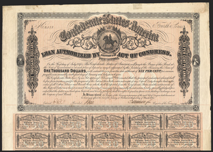 Act of February 17, 1864. $1000. Cr. 144C, B-328. Trans-Mississippi Bond. No. 2438. Fourth Series. As previous, except Fourth Series and reissued on the back by M.J. Hall, CSA
depositary in Marshall, Texas, in black script type with endorse