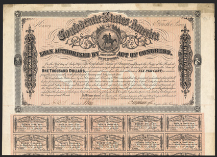 Act of February 17, 1864. $1000. Cr. 144C, B-328. Trans-Mississippi Bond. No. 2459. Fourth Series. As previous. Signed by Apperson. Discolorations in top border, light edge
wear, VF. From The Holger Dreher Collection