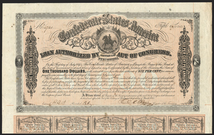 Act of February 17, 1864. $1000. Cr. 144D, B-329. No. 4741. Fifth Series. As previous, except signed by Rose. Imprint 60 and 70 at bottom. Full coupons (60). Edge wear,
foxing, VF. From The Holger Dreher Collection