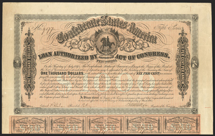 Act of February 17, 1864. $1000. Cr. 144D, B-329. No. 9177. Fifth Series. As previous. Signed by Apperson. Imprint 35 at bottom left. 58 coupons below. Fold wear, toned, VF.
From The Holger Dreher Collection