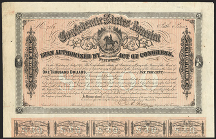 Act of February 17, 1864. $1000. Cr. 144E, B-330. No. 7369. Sixth Series. As previous, but for series and signed by Rose. Rose signature unlisted in Ball on this series.
Imprint 12 at bottom left corner. 59 coupons below. Fold wear, s