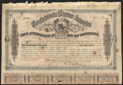 Act of February 17, 1864. $1000. Cr. 144E, B-330. No. 7435. Sixth Series. As previous. Signed by Rose. Imprint 36 and NS 69 at bottom. All coupons present below (60). Foxed,
with edge wear especially at top, soiling and toning, Fi