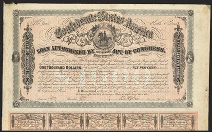 Act of February 17, 1864. $1000. Cr. 144H, B-333. No. 3336. Ninth Series. As previous, except Tyler signature is forged. Imprint 52 at bottom. 59 coupons below. Stain at upper
right, edge wear and soiling, VF. From The Holger