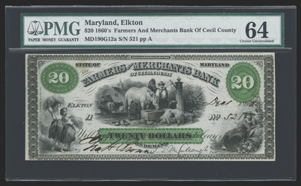 MD. Elkton. Farmers & Merchants Bank of Cecil County. $20. Dec. 1, 1862. (MD-190 G12a.) No. 521. A lovely ABN note that uses color beautifully. Man waters horses at trough,
pigs and chickens, center two young children carry wheat, lowe