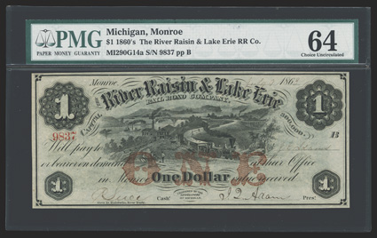 MI. Monroe. River Raisin & Lake Erie Rail Road Co. $1. July 3, 1868. (I-290 G14a.) Red ONE overprint. Train rounds bend, lumber mill at left with men watching as train passes.
PMG Choice Unc 64.