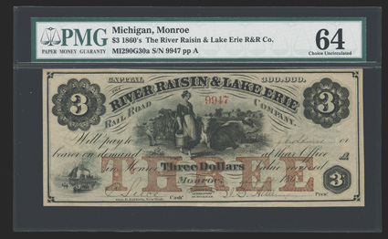 MI. Monroe. River Raisin & Lake Erie Rail Road Co. $3. August 1, 1863. (MI-290 G30a.) Red THREE overprint. Farm woman with milk pails, cows, top center. Small harbour scene at
the lower left. Three varying geometric lathework die counte