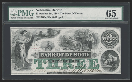 NE. DeSoto. Bank of De Soto. $3. Oct. 1, 1863. (NE-25 G6c). No. 4001. Brilliant green THREE overprint. This ABN Midwestern note on the Bank of DeSoto features the ever lovely
vignette Aurora or Dawn - larger, than life allegoric