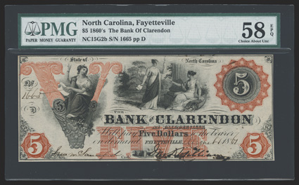 NC. Fayetteville. Bank of Clarendon. $5. August 1, 1861. (NC-15 G2b.) No. 1665. This ABN uses the brown-orange tint quite effectively for die counters, surrounds, FIVE
underprint and exceptional large V vignette. Allegorical female sits