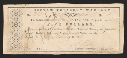 OK-Indian Territory. Armstrong Academy. Choctaw Treasury Warrant. $5. March 1869. (Cr. CHOC4). No. 253. Decorative panel across end. Uniface. Printed on pink paper. While the
face of the note does have Paid written across, it is not