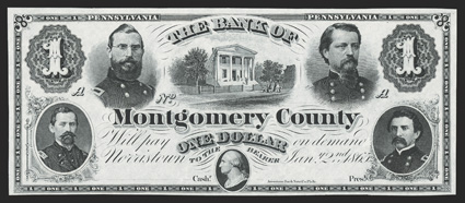 PA. Norristown. Bank of Montgomery County. $1. Jan. 2, 1865. (PA-365 G14). Remainder. An ABN note which features four Union Generals - Clemmer, Hancock, Schall and Hartranft -
of the Civil War surrounding a building, possibly the bank i