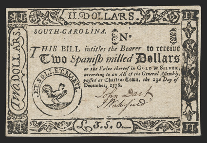 South Carolina. December 23 , 1776. $2. Fr. SC-136a. No serial number. A Colonial note in a Civil War sale you say? As our consignor collects all things from the Palmetto
state, we can certainly let a single item slide, and, better yet, a l