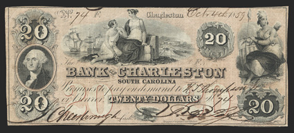 SC. Charleston. Bank of Charleston. $20. Oct. 4, 1859. (SC-10 G20b. Sheheen 79.) No. 74. Agriculture and Commerce seated amid bales, ships and canal, behind, at top. Washington
in oval, left. Indian maiden as America, right. Reddish Bro