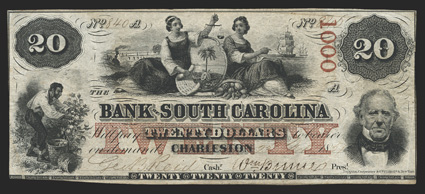 SC. Charleston. Bank of South Carolina. $20. Ca. 1857. (SC-30 G56a. Sheheen 381.) No. 840. Red 1000 overprinted on right written serial number and red TWENTY underneath title
center. Slave picking cotton, lower left. Two allegorical fem