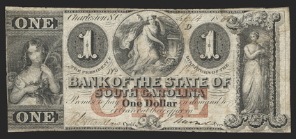 SC. Charleston. Bank of the State of South Carolina. $1. Sept. 14, 1861. (SC-45 G22b Sheheen 539). No. 123 . Red ONE overprint. Lovely vignettes featuring Liberty and shield,
top center young girl holding sheaf of wheat (possibly Pers