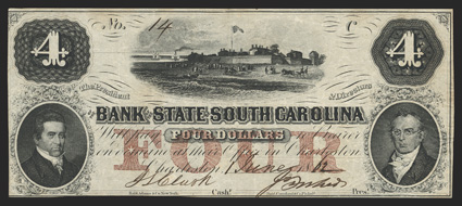 SC. Charleston. Bank of the State of South Carolina. $4. June 1, 1862. (SC-45 G42b Sheheen 563). Low Serial 14. Red FOUR overprint. Great denomination - Fort Moultrie, top
center Robert Hayne, left Langdon Cheves, right. Reverse four