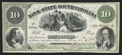 SC. Charleston. Bank of the State of South Carolina. $10. April 24, 1861. (SC-45, G60a. Sheheen 586). No. 5058. Green die counters, micro-lettering and small green Xs in boxes
in left end panel. Bust profile of Gen. Daniel Morgan, left.