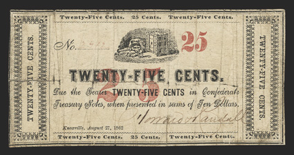 TN. Knoxville. Howard and Randall. 25 Cents. Aug. 27, 1862. Garland Unlisted. No. 2762. Dog and Safe at top center. Decorative end panels. Red overprint of 25 at center and
upper right. Another seldom seen piece of scrip from Joes