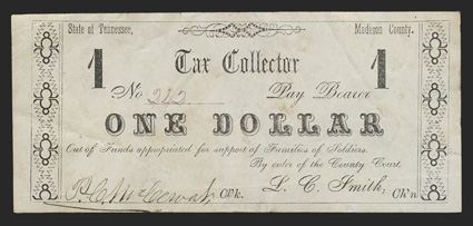 TN. Madison County. Tax Collector. $1. No. 242. Pay Bearer One Dollar Out of Funds appropriated for support of Families of Soldiers. Printed on blue paper, on the back of TN
Rail Road bonds. FVF. From The Joe C. Copeland Coll